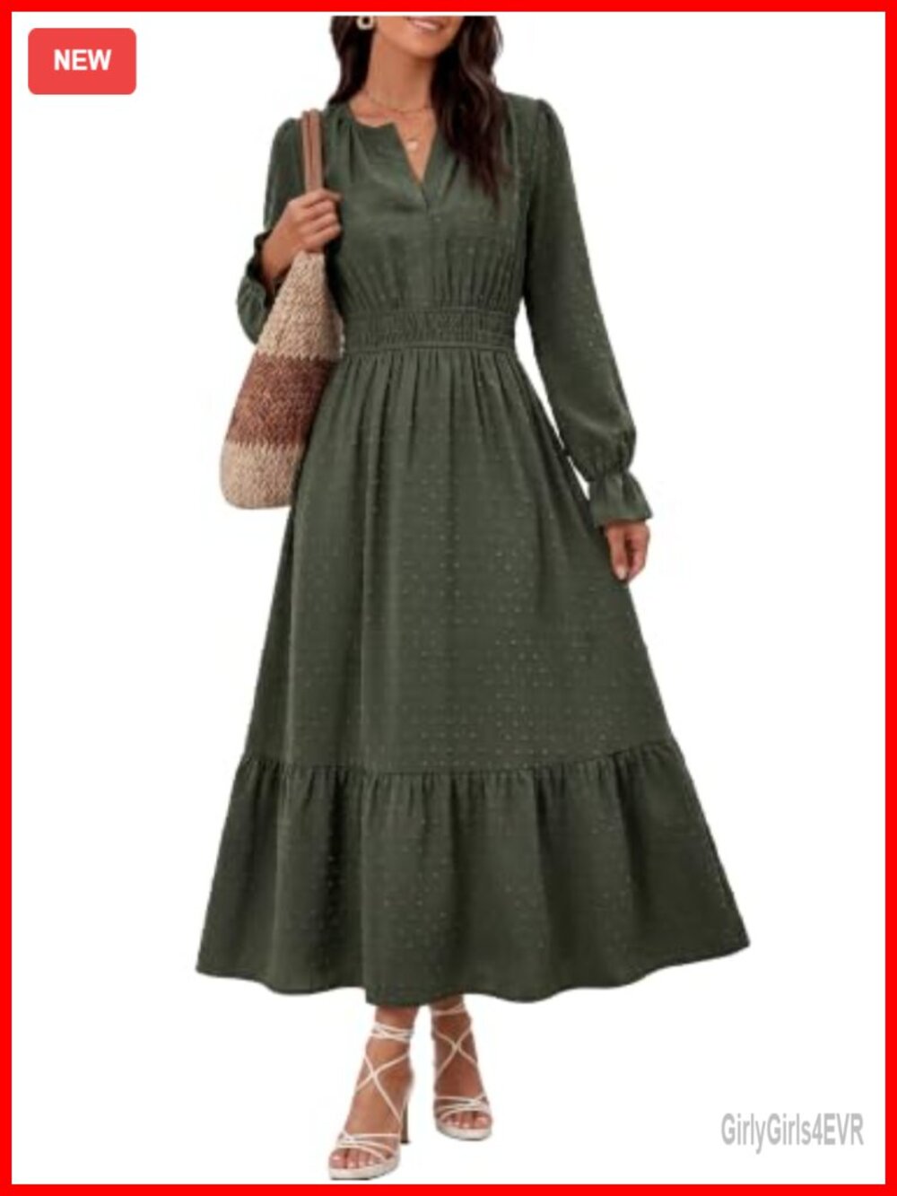 Women's Swiss Dot Maxi Dress Long Sleeve V Neck Smocked Tiered Boho